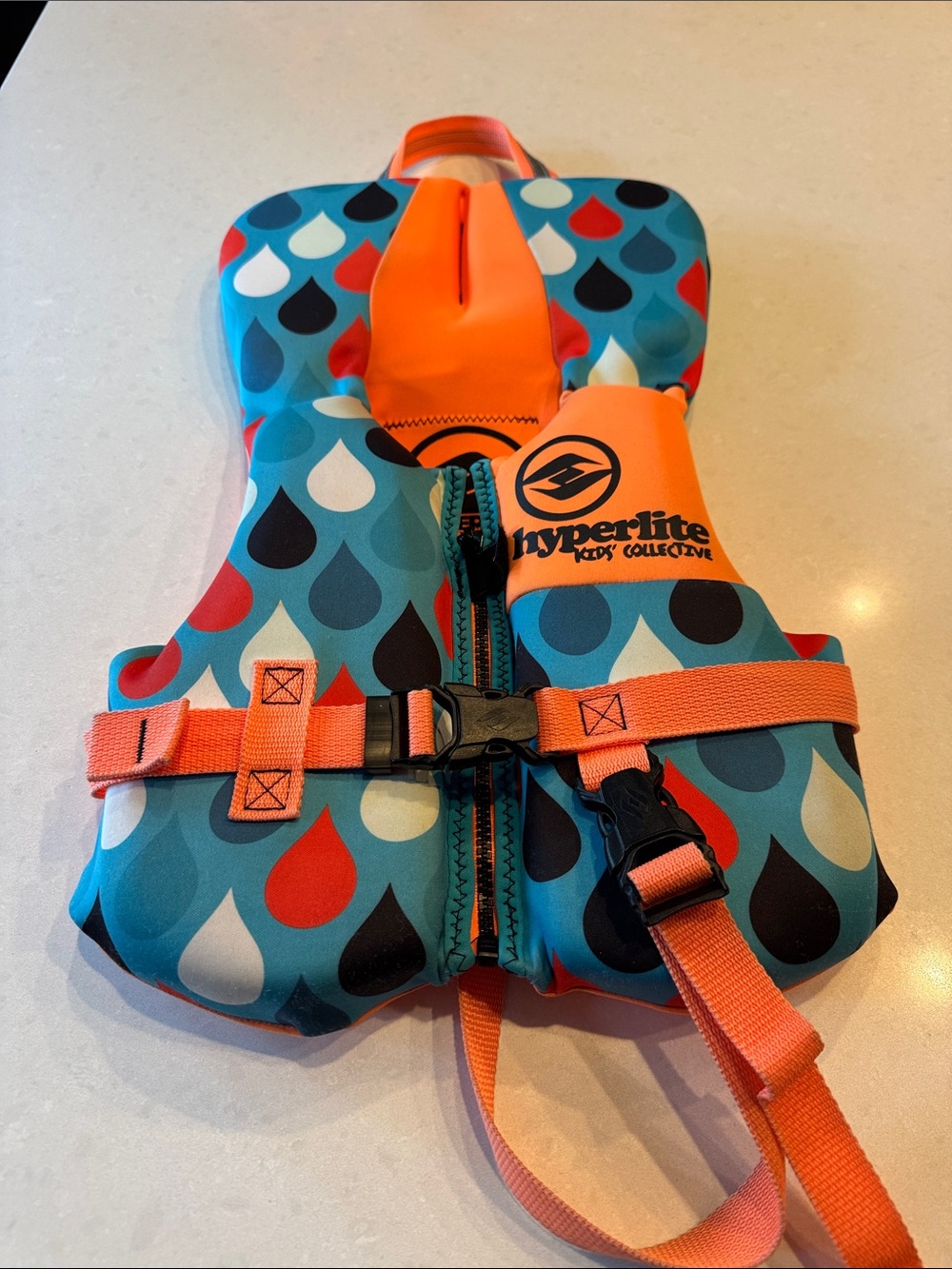 Hyperlite Kids Swim life jacket - BlueOrange Raindrop Print infant up to 30 lbs